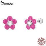 925 Silver Pink Flower Stud Earrings with CZ Ear Studs for Women