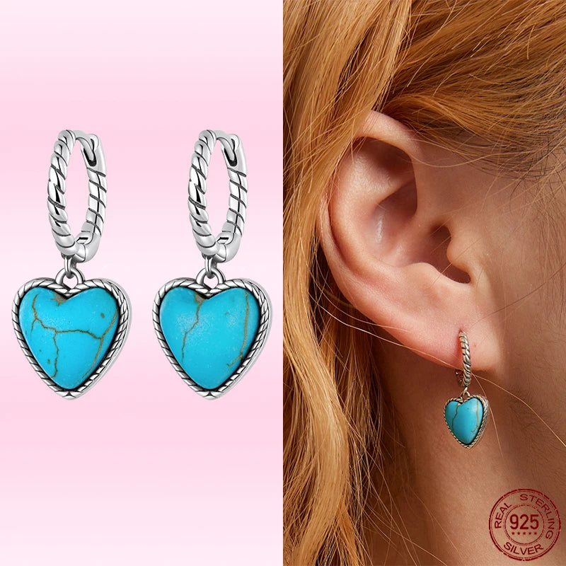 925 Silver Turquoise Pendant Heart Earrings Set