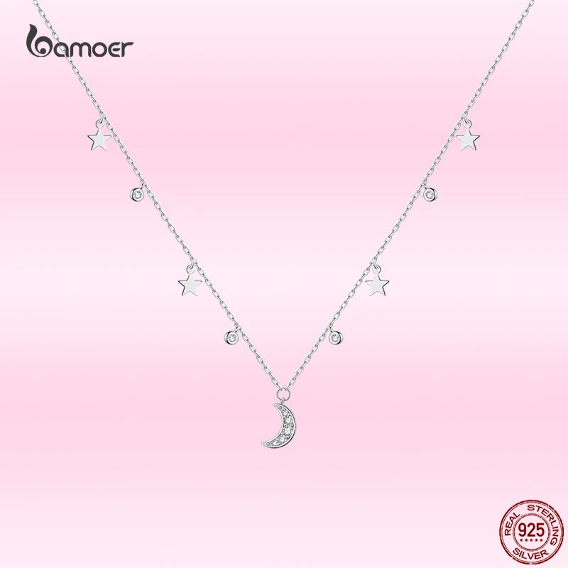 925 Sterling Silver Moon & Star Pendant Necklace for Women