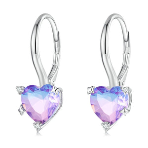 925 Silver Purple Crystal Ear Buckle Rainbow CZ Heart Earrings for Women