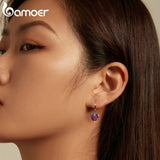925 Silver Purple Crystal Ear Buckle Rainbow CZ Heart Earrings for Women