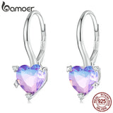 925 Silver Purple Crystal Ear Buckle Rainbow CZ Heart Earrings for Women