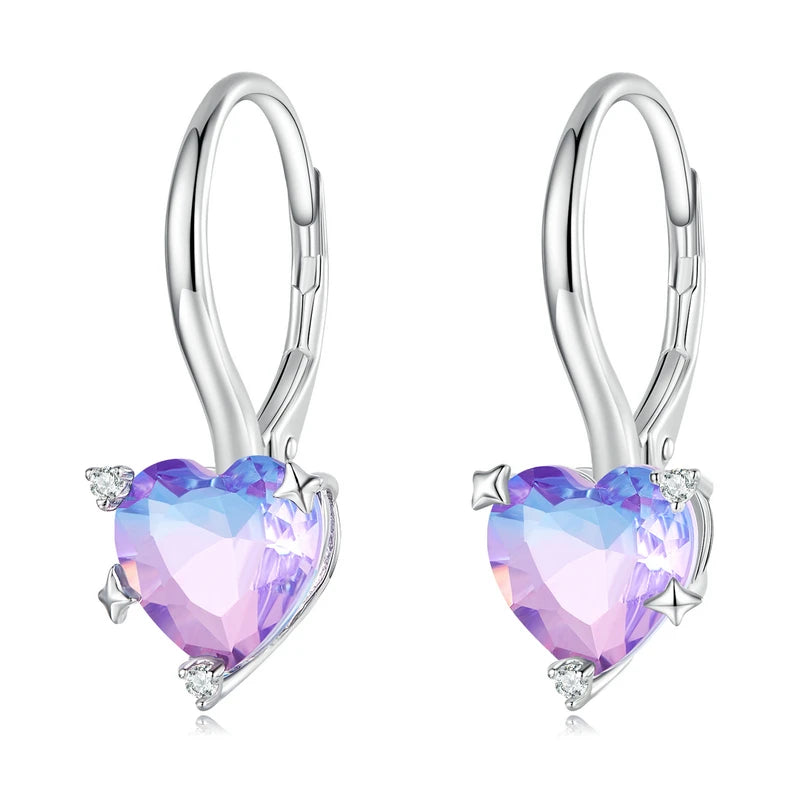 925 Silver Purple Crystal Ear Buckle Rainbow CZ Heart Earrings for Women