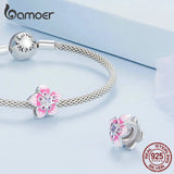 925 Silver Purple Enamel Flower Beads Zircon Charms Bracelet Jewelry