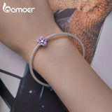 925 Silver Purple Enamel Flower Beads Zircon Charms Bracelet Jewelry