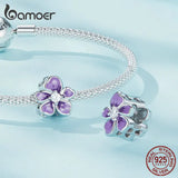 925 Silver Purple Enamel Flower Beads Zircon Charms Bracelet Jewelry