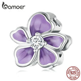 925 Silver Purple Enamel Flower Beads Zircon Charms Bracelet Jewelry