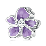 925 Silver Purple Enamel Flower Beads Zircon Charms Bracelet Jewelry
