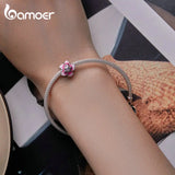 925 Silver Purple Enamel Flower Beads Zircon Charms Bracelet Jewelry