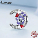925 Silver Purple Enamel Flower & Moon Beads Charms for Bracelet Bangle DIY