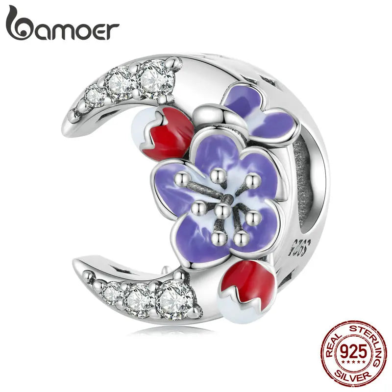 925 Silver Purple Enamel Flower & Moon Beads Charms for Bracelet Bangle DIY
