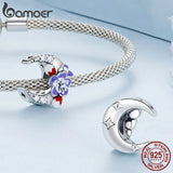 925 Silver Purple Enamel Flower & Moon Beads Charms for Bracelet Bangle DIY