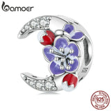925 Silver Purple Enamel Flower & Moon Beads Charms for Bracelet Bangle DIY