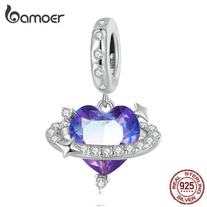 925 Silver Purple Heart Pendant Beads Star Planet Charms for DIY Bracelet Bangle