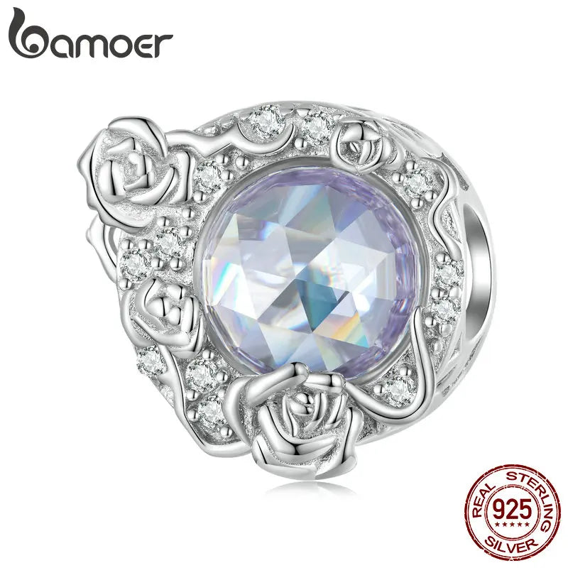925 Silver Purple Stone Rose Vine Bead Charms Bracelet Bangle BSC704