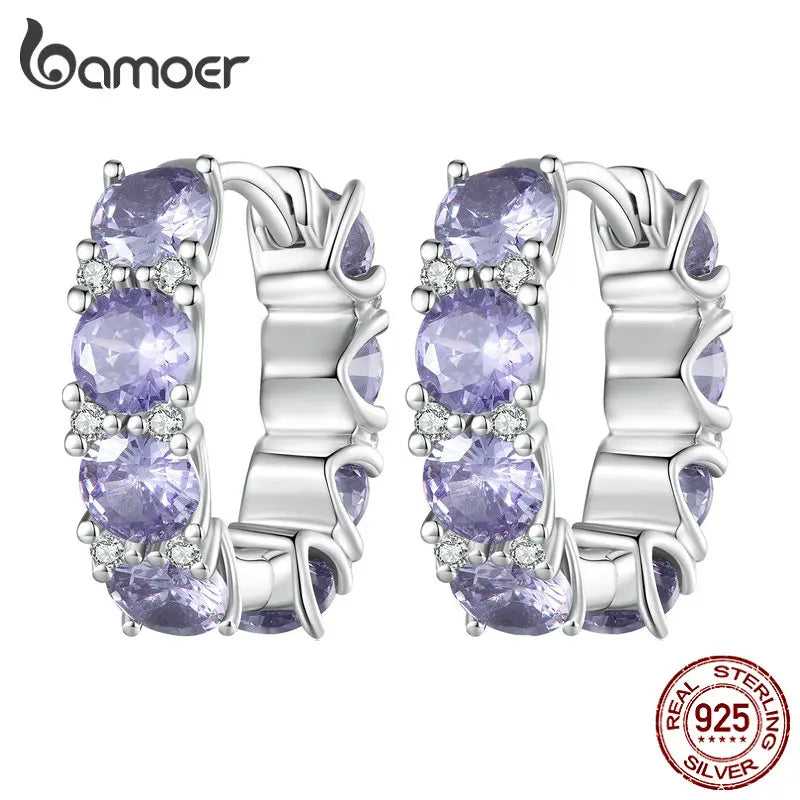 925 Silver Purple Zircon CZ Hoop Earrings BSE749