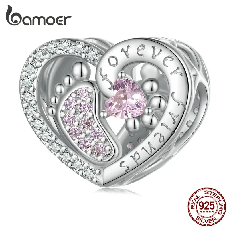 925 Silver Purple Zircon Heart Beads Footprint Charms Bracelet
