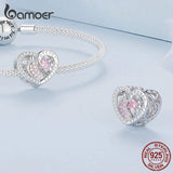 925 Silver Purple Zircon Heart Beads Footprint Charms Bracelet