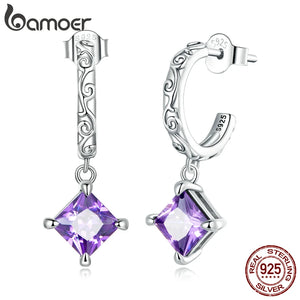 925 Silver Purple-Zirconia Drop Earrings for Women Dangle Earrings