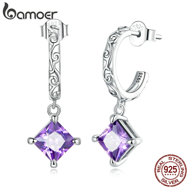925 Silver Purple-Zirconia Drop Earrings for Women Dangle Earrings