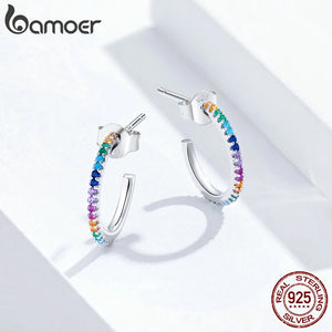925 Silver Rainbow Half Hoop Earrings Real CZ Wedding Jewelry