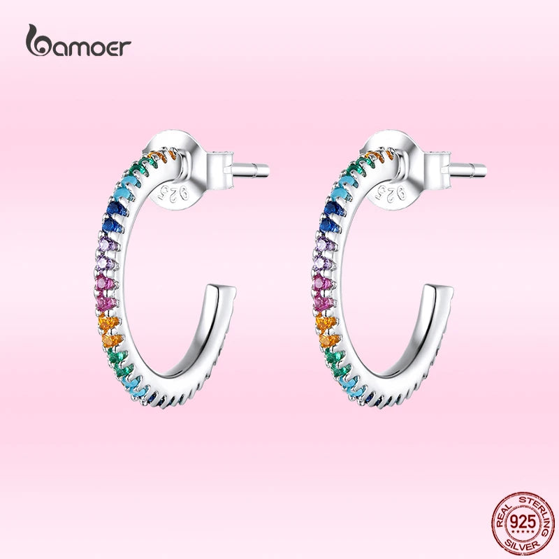 925 Silver Rainbow Half Hoop Earrings Real CZ Wedding Jewelry