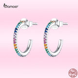 925 Silver Rainbow Half Hoop Earrings Real CZ Wedding Jewelry
