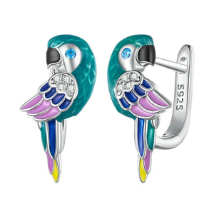 925 Silver Rainbow Parrot Ear Hoop Earring Zircon Animal Piercing Jewelry