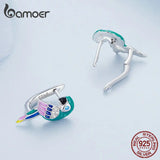 925 Silver Rainbow Parrot Ear Hoop Earring Zircon Animal Piercing Jewelry
