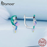 925 Silver Rainbow Parrot Ear Hoop Earring Zircon Animal Piercing Jewelry