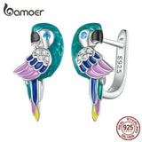 925 Silver Rainbow Parrot Ear Hoop Earring Zircon Animal Piercing Jewelry
