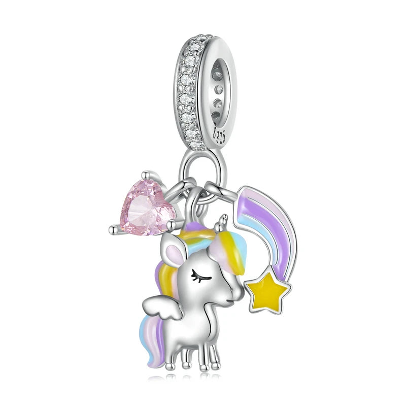 925 Silver Unicorn Crystal Heart Charm Fit DIY Bracelet Necklace Jewelry