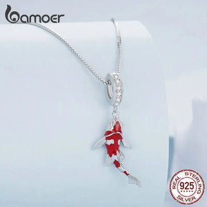 925 Silver Red Enamel Fish Necklace Koi Dangle Charm Lucky Chain Women
