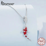 925 Silver Red Enamel Fish Necklace Koi Dangle Charm Lucky Chain Women