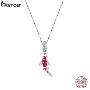 925 Silver Red Enamel Fish Necklace Koi Dangle Charm Lucky Chain Women