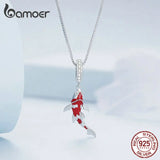 925 Silver Red Enamel Fish Necklace Koi Dangle Charm Lucky Chain Women
