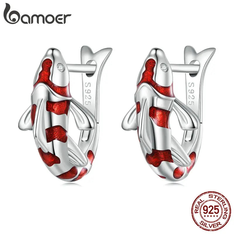 925 Silver Red Enamel Lucky Carp Ear Buckles Hoop Earrings