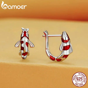 925 Silver Red Enamel Lucky Carp Ear Buckles Hoop Earrings