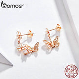 925 Silver Rose Butterfly Drop Earrings Asymmetric Flower Dangle Earrings BSE100