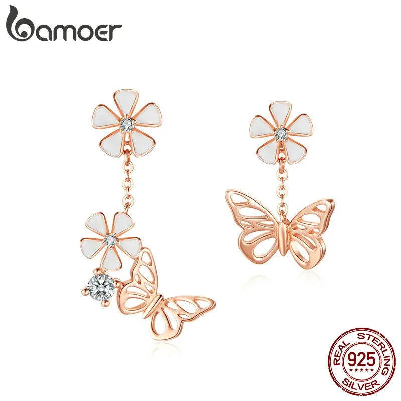 925 Silver Rose Butterfly Drop Earrings Asymmetric Flower Dangle Earrings BSE100