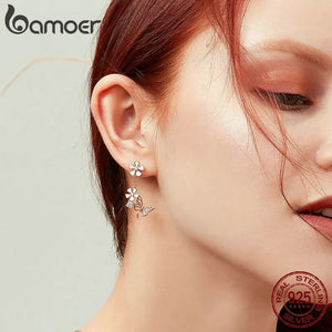 925 Silver Rose Butterfly Drop Earrings Asymmetric Flower Dangle Earrings BSE100