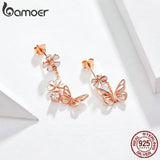 925 Silver Rose Butterfly Drop Earrings Asymmetric Flower Dangle Earrings BSE100