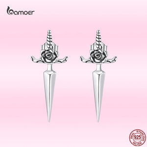 925 Silver Rose Dagger Earrings Studs for Women Punk Gothic Studs Ear Buckles