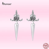 925 Silver Rose Dagger Earrings Studs for Women Punk Gothic Studs Ear Buckles