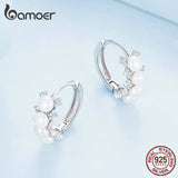 925 Silver Shell Bead Pearl Hoop Earrings Women Gift BSE762