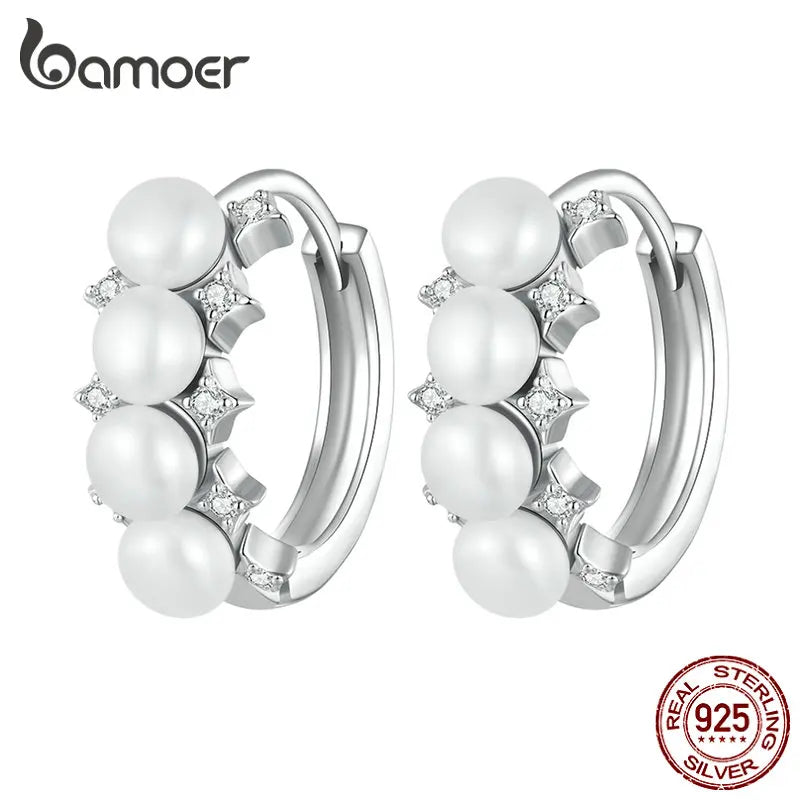 925 Silver Shell Bead Pearl Hoop Earrings Women Gift BSE762