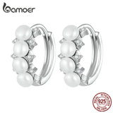 925 Silver Shell Bead Pearl Hoop Earrings Women Gift BSE762