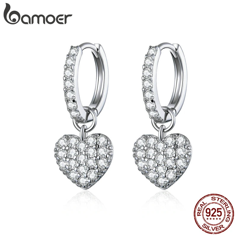 925 Silver Heart Dangle Earrings Zircon Drop Fine Jewelry SCE821