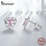 925 Silver Heart Stud Earrings Pink Zircon Women's Gift Jewelry
