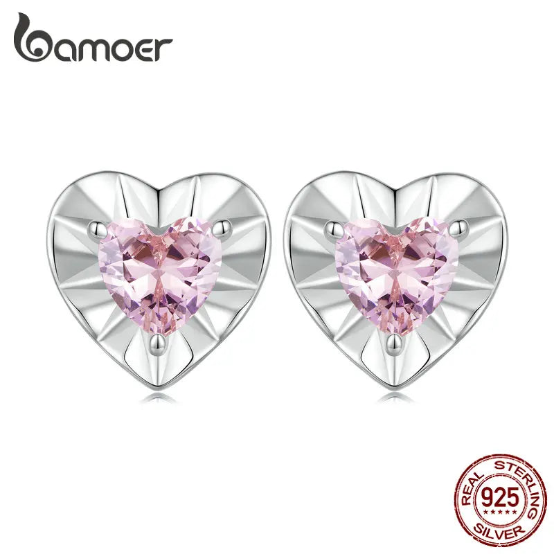 925 Silver Heart Stud Earrings Pink Zircon Women's Gift Jewelry